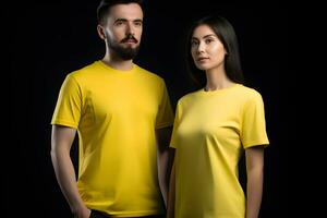 Generative AI. Blank Yellow T-Shirt Mockup on Male and Female Model Showcase Your Designs in Style photo
