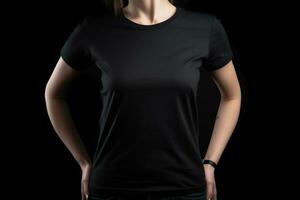 Generative AI. Black T-Shirt Mockup on Female Model photo