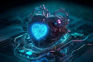generativo ai. digital amor azul corazón conformado como computadora circuito tablero foto