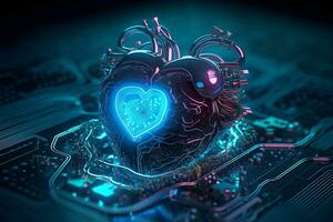 generative AI. Digital Love Blue Heart Shaped as Computer Circuit Board photo