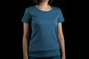 Generative AI. Blue T-Shirt Mockup on Female Model photo