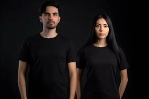 Generative AI. Blank Black T-Shirt Mockup on Male and Female Model Showcase Your Designs in Style photo