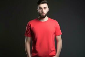 Generative AI. Red T-Shirt Mockup on Male Model photo