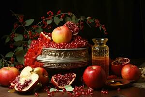 Rosh hashanah jewish New Year holiday concept. Traditional symbols, Apples pomegranate and honey for Rosh Hashanah, AI Generated photo