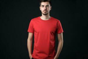 Generative AI. Red T-Shirt Mockup on Male Model photo