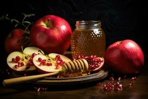 Rosh hashanah jewish New Year holiday concept. Traditional symbols, Apples pomegranate and honey for Rosh Hashanah, AI Generated photo