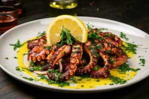 Grilled octopus with lemon and parsley on a white plate, Appetizing dish with grilled octopus and lemon, AI Generated photo