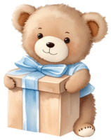 Cute teddy bear with a gift box isolated. AI Generative png