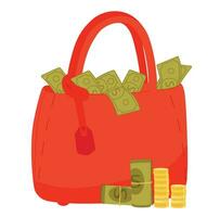 Pink women's handbag full of dollars. Vector illustration. A suitcase of money. Bills and coins. Money. Isolated on a white background.