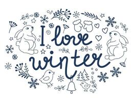 yo amor invierno. cita. invierno ilustración. vector. garabatear. linda conejitos en copos de nieve. aislado en un blanco antecedentes. vector