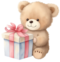 mignonne nounours ours avec une cadeau boîte isolé. ai génératif png