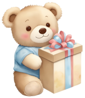 süß Teddy Bär mit ein Geschenk Box isoliert. ai generativ png