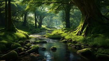 green tree with stream in forest. nature scene background. generative AI photo