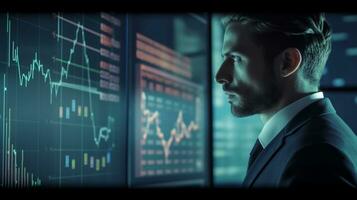 Generative Ai. Businessman Analyzing Investment Strategies Through Multiple Graphs on Screen photo