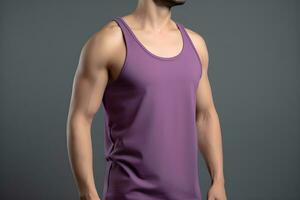 Generative AI. Blank Purple Tank top Mock up on Male Model Showcase Your Designs in Style photo