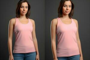 Generative AI. Blank Pink Tank top Mock up on Female Model Showcase Your Designs in Style photo