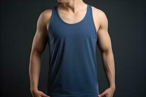 Generative AI. Blank Blue Tank top Mock up on Male Model Showcase Your Designs in Style photo
