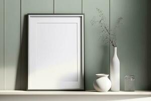 Generative AI. Modern Minimalist Interior, Empty Vertical Frame Mockup with Trendy Plant photo