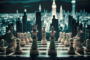 ajedrez juego lucha negocio con ciudad en el antecedentes. generativo ai foto