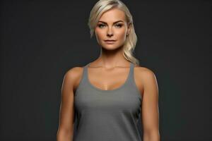 Generative AI. Blank Grey Tank top Mock up on Female Model Showcase Your Designs in Style photo