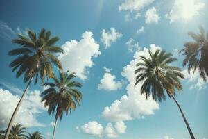 Blue sky and palm trees view from below, vintage style, tropical beach and summer background, travel concept. AI generated photo