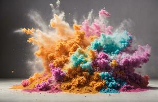 Abstract powder splatted background. Colorful powder explosion on white background. Colored cloud. Colorful dust explode. Paint Holi. AI generated photo