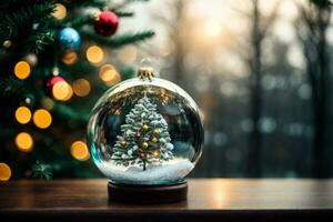 Navidad vaso pelota con árbol en eso en invierno fondo.. ai generado foto