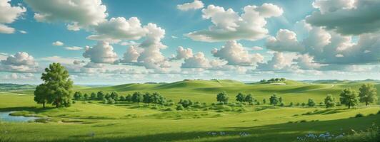 russia summer landscape - green fileds, the blue sky and white clouds. AI generated photo