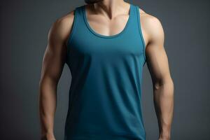 Generative AI. Blank Blue Tank top Mock up on Male Model Showcase Your Designs in Style photo