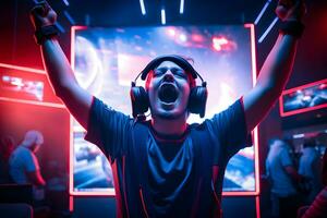Generative AI. Gaming Glory Professional eSports Gamer Celebrates in Red Blue Illuminated Game Room photo