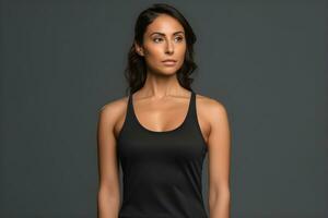 Generative AI. Blank Black Tank top Mock up on Female Model Showcase Your Designs in Style photo