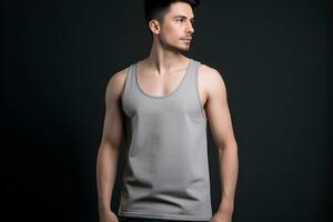 Generative AI. Blank Grey Tank top Mock up on Male Model Showcase Your Designs in Style photo