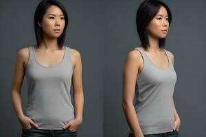 Generative AI. Blank Grey Tank top Mock up on Female Model Showcase Your Designs in Style photo