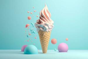 Generative Ai. Melting pastel ice cream cones with colorful toppings on blue background photo