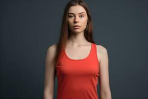 Generative AI. Blank Red Tank top Mock up on Female Model Showcase Your Designs in Style photo