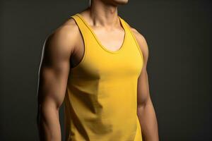 generativo ai. blanco amarillo tanque parte superior burlarse de arriba en masculino modelo escaparate tu diseños en estilo foto