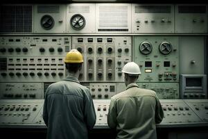 Expert Engineers Managing Nuclear Power Plant Control Panel. Generative Ai photo