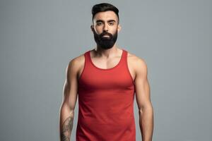 generativo ai. blanco rojo tanque parte superior burlarse de arriba en masculino modelo escaparate tu diseños en estilo foto