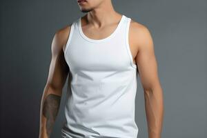 generativo ai. blanco blanco tanque parte superior burlarse de arriba en masculino modelo escaparate tu diseños en estilo foto