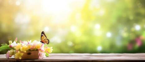 generativo ai. primavera deleite un soleado jardín mesa con mariposa y flor decoraciones foto