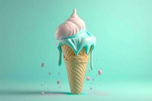 Generative Ai. Melting pastel ice cream cones with colorful toppings on blue background photo