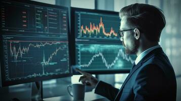 Generative Ai. Businessman Analyzing Investment Strategies Through Multiple Graphs on Screen photo