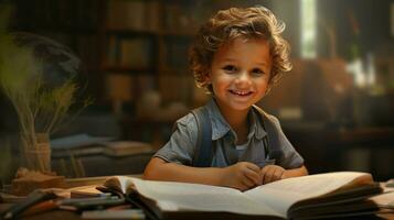 contento niño estudiando a hogar. capturar el alegría de enfocado aprendizaje y infancia éxito foto