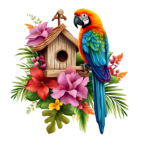 une coloré perroquet perché sur une arbre branche dans une tropical réglage avec fleurs et une oiseau maison ai génératif png