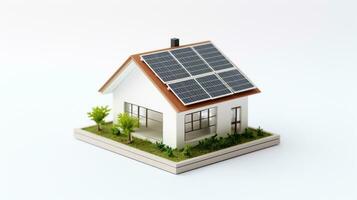 miniatura casa modelo con solar panel en techo en blanco antecedentes. inteligente hogar energía ahorro concepto. generativo ai foto