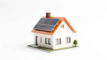 miniatura casa modelo con solar panel en techo en blanco antecedentes. inteligente hogar energía ahorro concepto. generativo ai foto