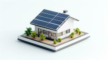 miniatura casa modelo con solar panel en techo en blanco antecedentes. inteligente hogar energía ahorro concepto. generativo ai foto