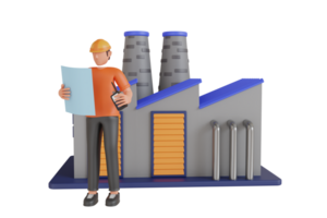 3d illustration of engineer in the factory. engineer looking of working at industrial machinery and check security system in factory png