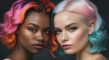 Close Up Portrait Of Two Women With Multicolored Hair, Friends With Different Skin Colors photo
