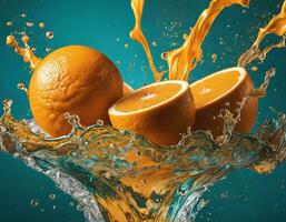 Fresh oranges in juice and water splash, healthy food illustration photo